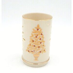 Lenox Holly Berry Bush Pillar Candle Holder 2 Pc Pierced Gold USA